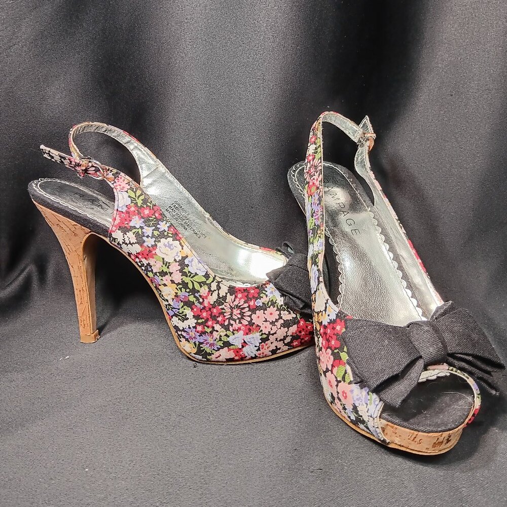 Rampage Flower Bow Print Heels Size 9 {CH}